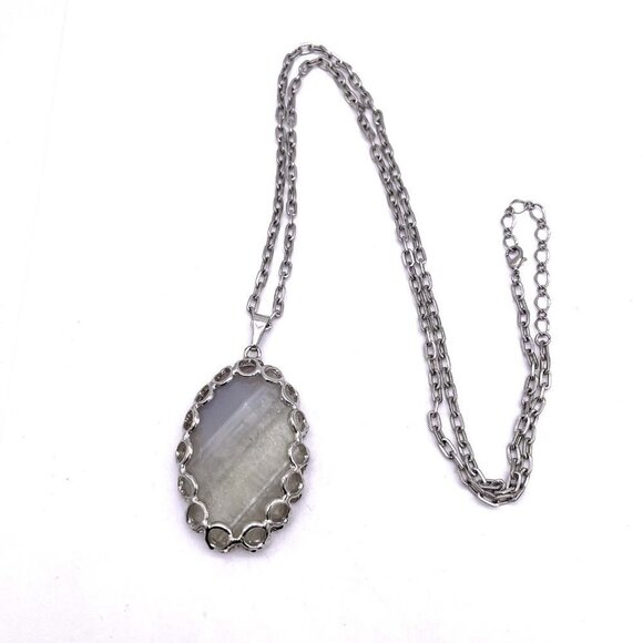Large Oval Shape Agate Pendant Round Link Chain Necklace 34 Inch - Picture 1 of 6